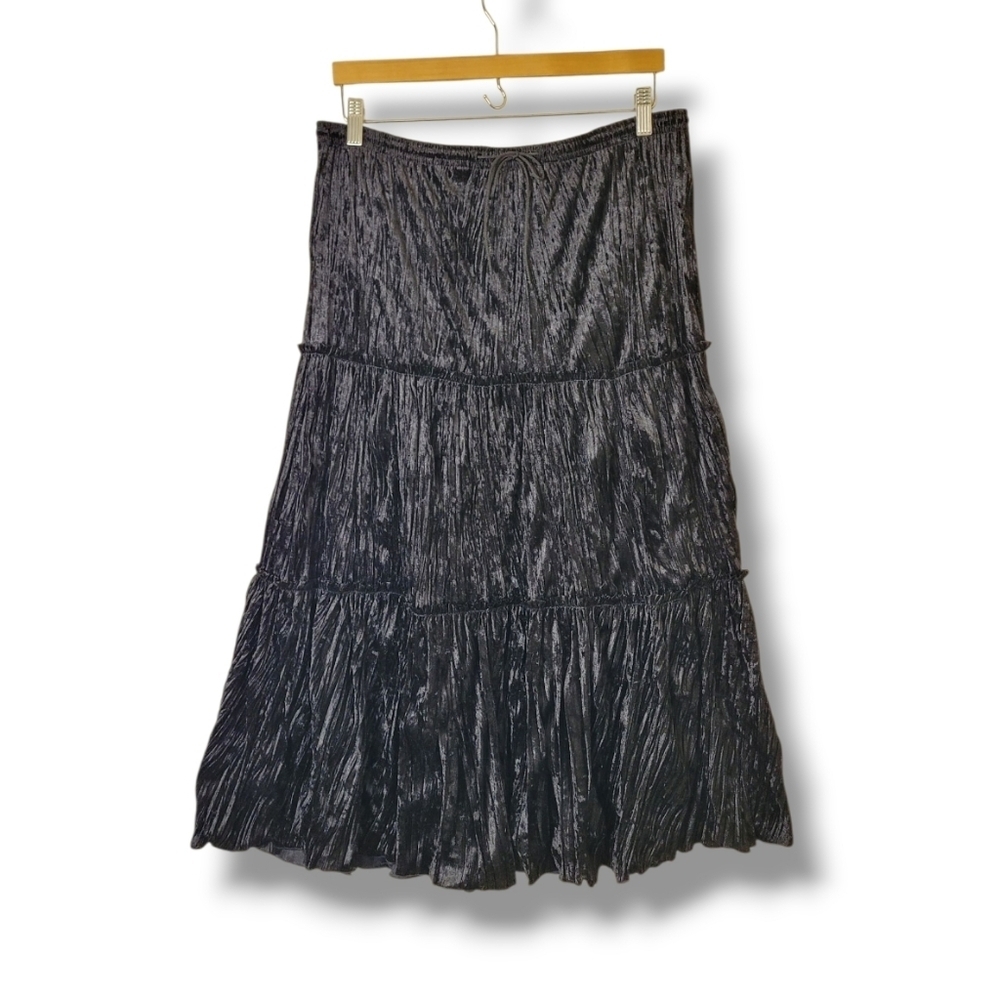 JFW Vintage Black Crushed Velvet Tiered Midi Skirt Size Medium